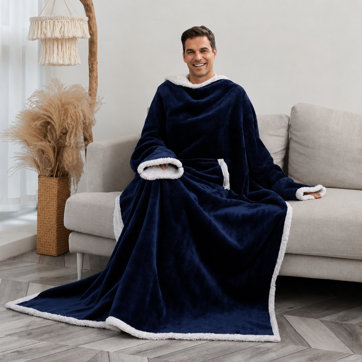 Premium Wearable Hoodie Blanket with Pockets navy blue