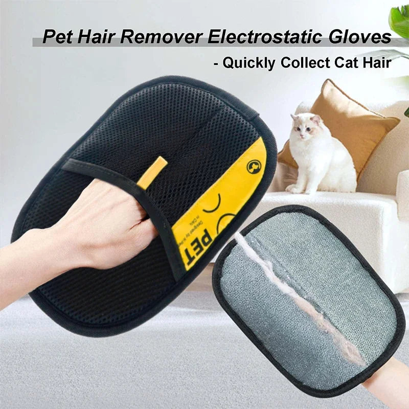 Pet Hair Remover Gloves Electrostatic for Cats Dogs, Reusable Washable Grooming Glove with 2-in-1 Lint Roller Brush